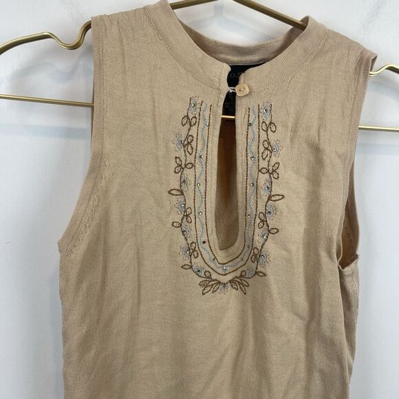 American Vintage 90's Mosaic Rayon Nylon Beaded Tank Top Tan Size M Boho - Picture 7 of 7